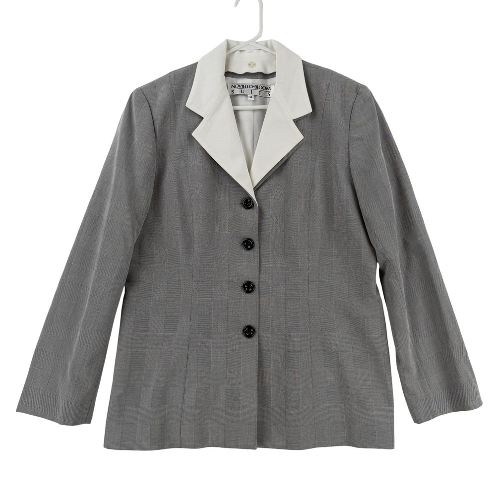 VTG Noviello Bloom Blazer‎ Womens 14 Gray Plaid Four Button Suit Jacket Career